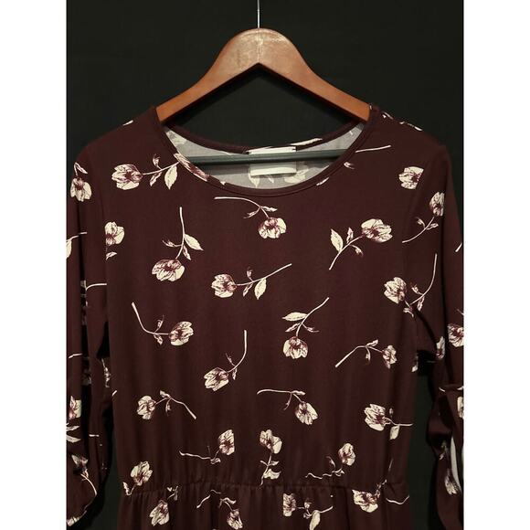 French Grey Burgundy Floral A line dress Sz L - Picture 2 of 6